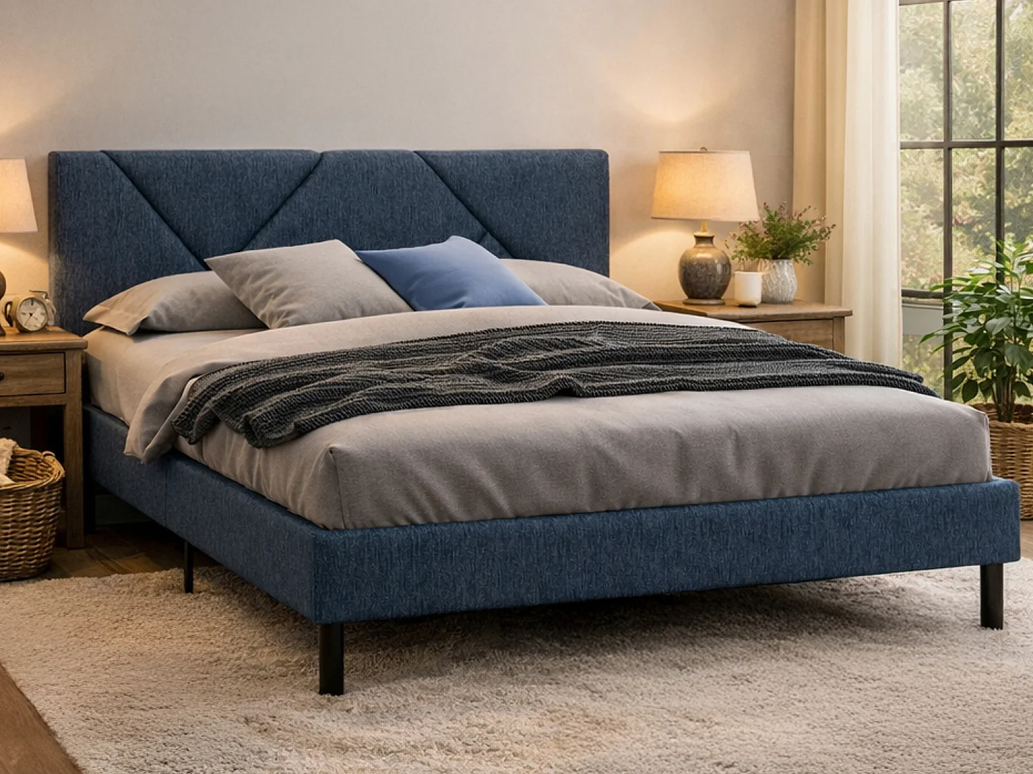 Lit double Tirino, Sommier pour chambre, Literie par chambre, Support de matelas, Adapté à un matelas de 160x200 cm, Bleu