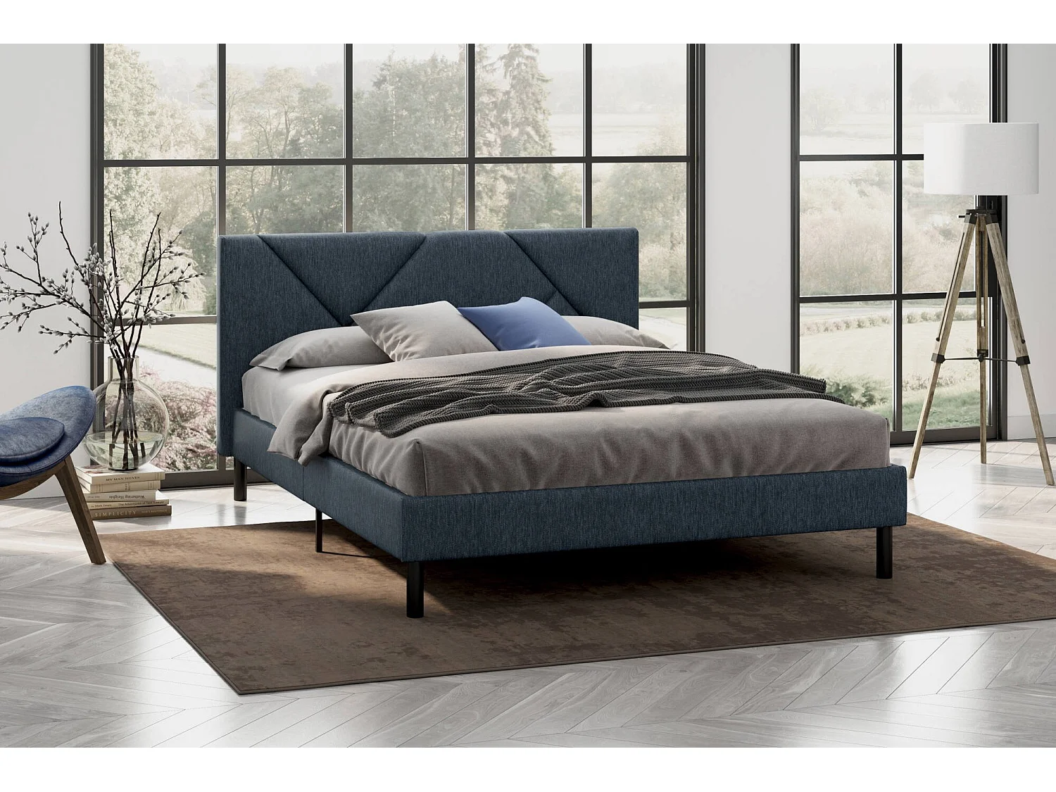 Dmora Frans bed Calitri blauw Matrasmaat 140x190 cm, Gestoffeerd, Inclusief Lattenbodem