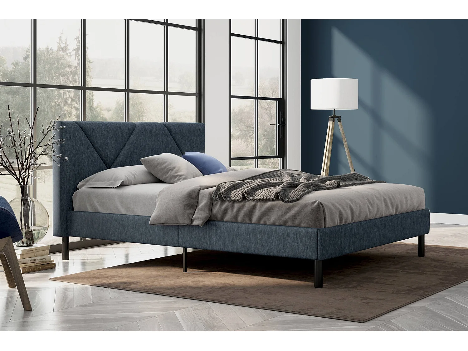 Dmora Frans bed Calitri blauw Matrasmaat 140x190 cm, Gestoffeerd, Inclusief Lattenbodem