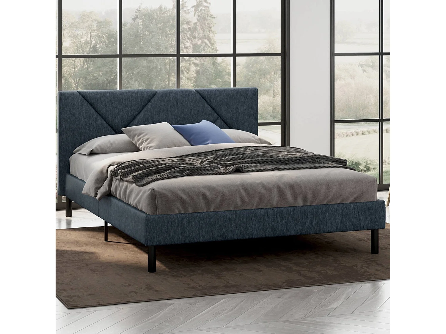 Dmora Frans bed Calitri blauw Matrasmaat 140x190 cm, Gestoffeerd, Inclusief Lattenbodem