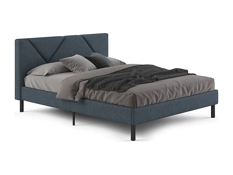 Cama de casal Caldes, Cama estofada em tecido com cabeceira, Ripas em madeira, adequada para colchão 160x190, Azul