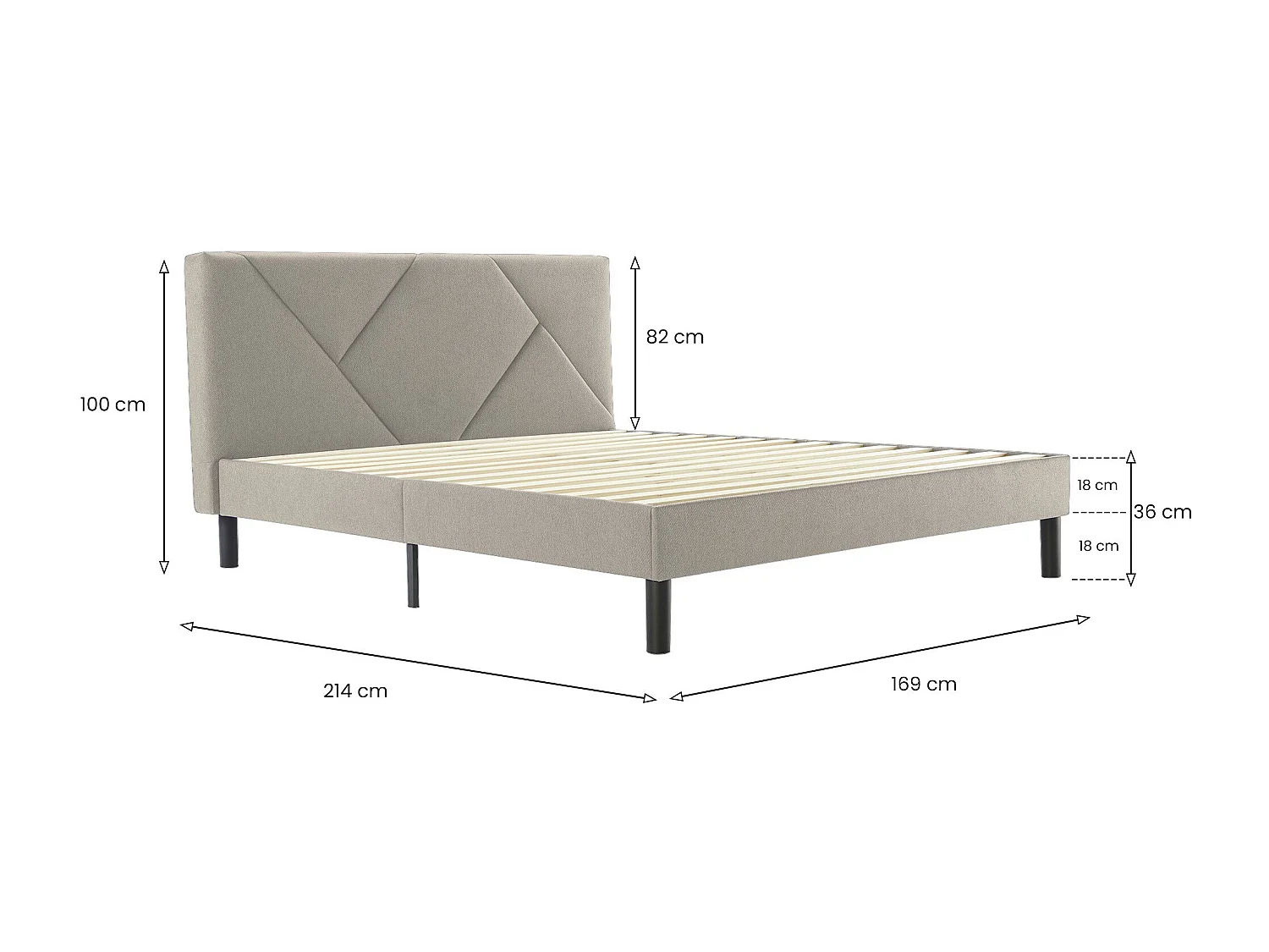 Tirino tweepersoonsbed, Gestoffeerd stoffen bed met hoofdbord, Houten lattenbodem, geschikt voor matras 160x200, Duifgrijs