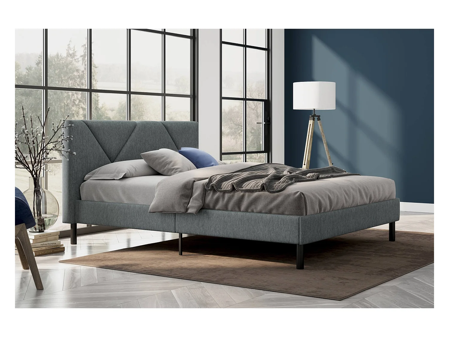 Letto matrimoniale alla francese Calitri, Letto imbottito in tessuto con testiera, Doghe in legno, adatto a materasso da 140x190, Grigio