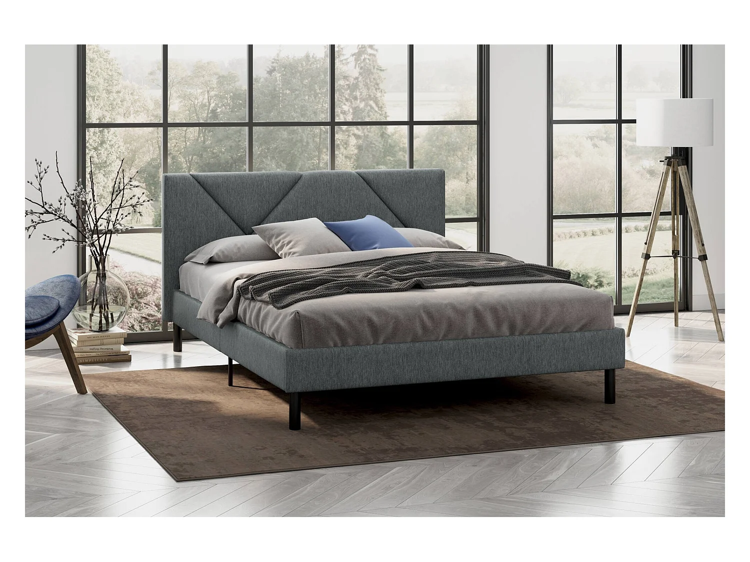 Letto matrimoniale alla francese Calitri, Letto imbottito in tessuto con testiera, Doghe in legno, adatto a materasso da 140x190, Grigio