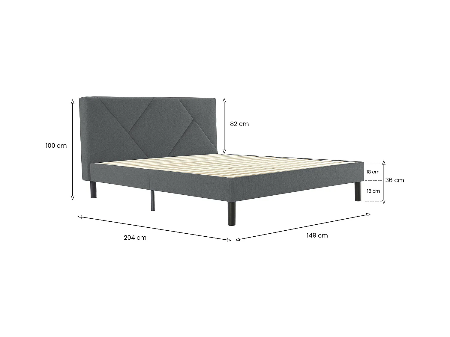 Letto matrimoniale alla francese Calitri, Letto imbottito in tessuto con testiera, Doghe in legno, adatto a materasso da 140x190, Grigio