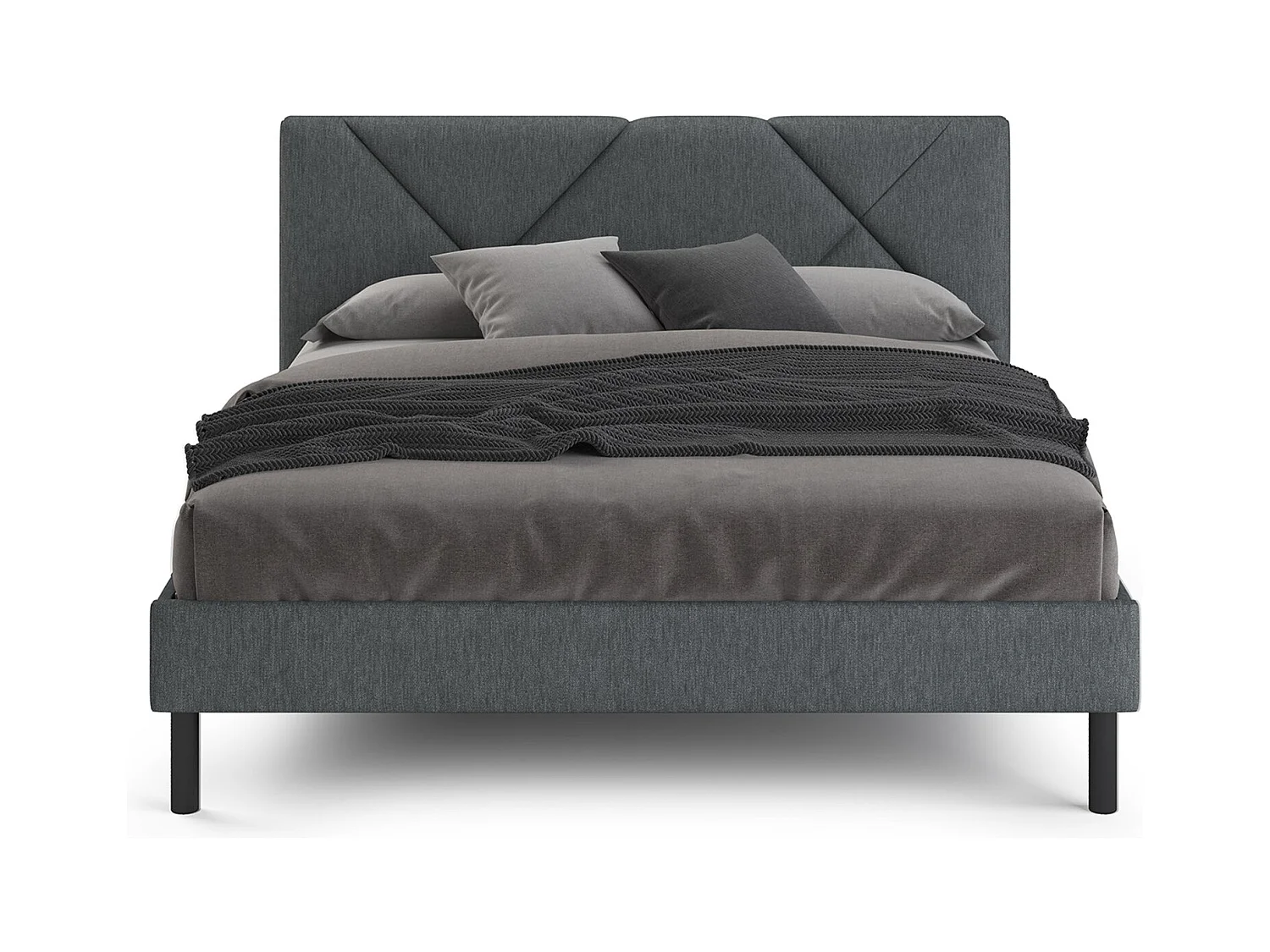 Letto matrimoniale alla francese Calitri, Letto imbottito in tessuto con testiera, Doghe in legno, adatto a materasso da 140x190, Grigio