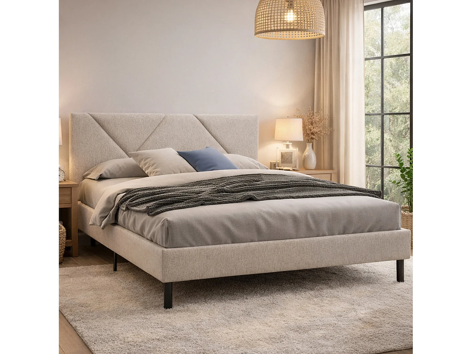 Lit double Caldes, Sommier pour chambre, Literie par chambre, Support de matelas, Adapté à un matelas de 160x190 cm, Beige