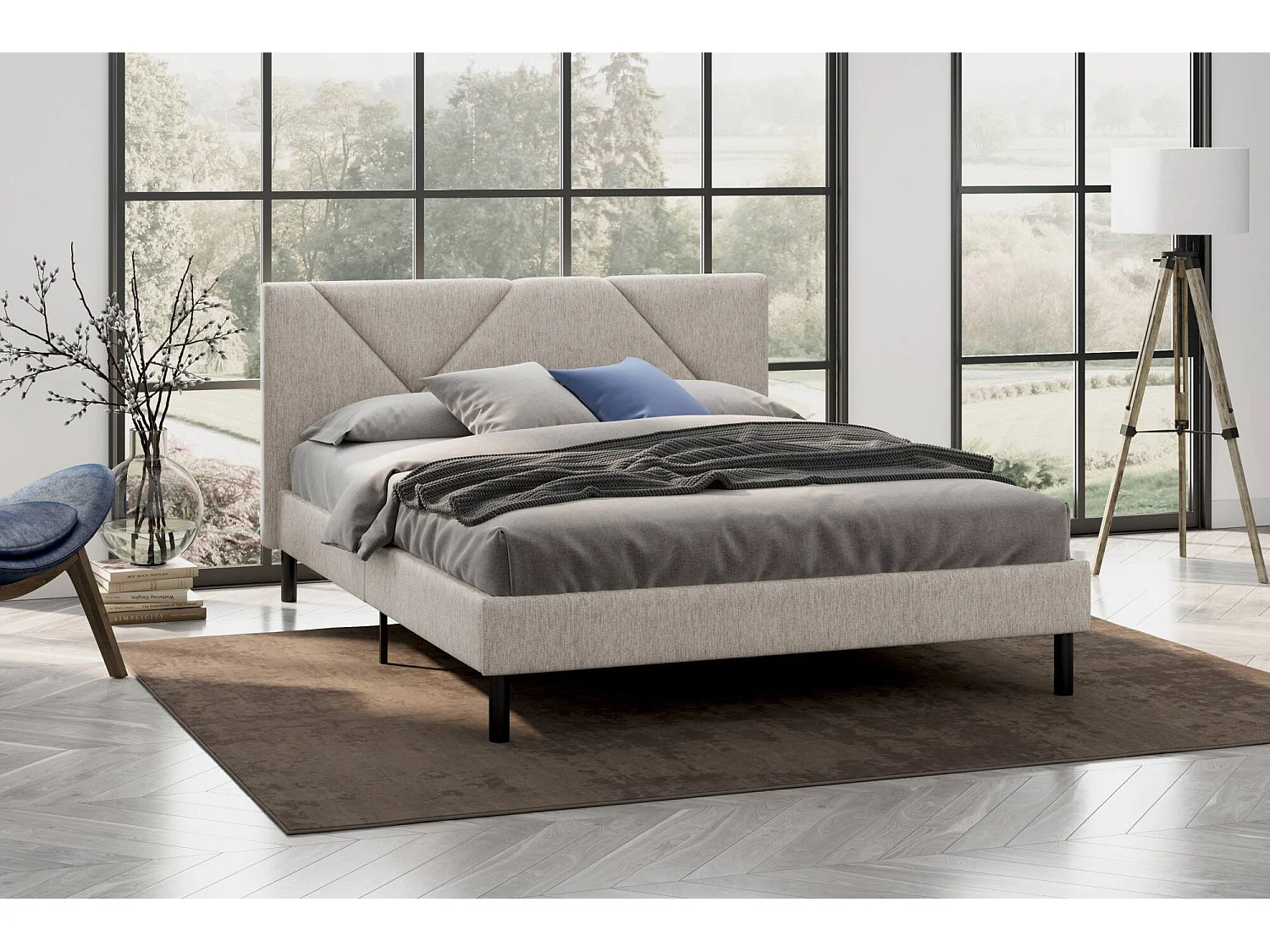 Doppelbett Calitri, Struktur des Container-Betts, Sommier mit Verkleidung, Matratzenhalterstruktur, Geeignet für eine Matratze 140x190 cm, Beige