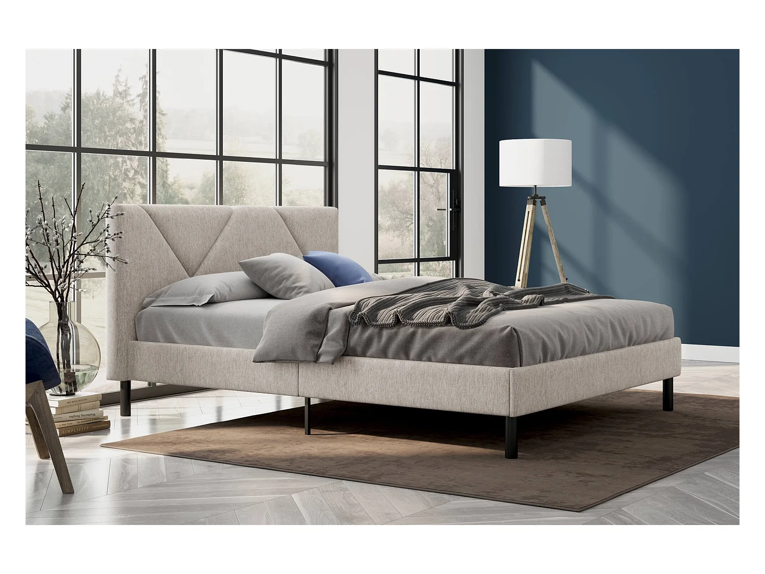 Letto matrimoniale alla francese Calitri, Letto imbottito in tessuto con testiera, Doghe in legno, adatto a materasso da 140x190, Beige