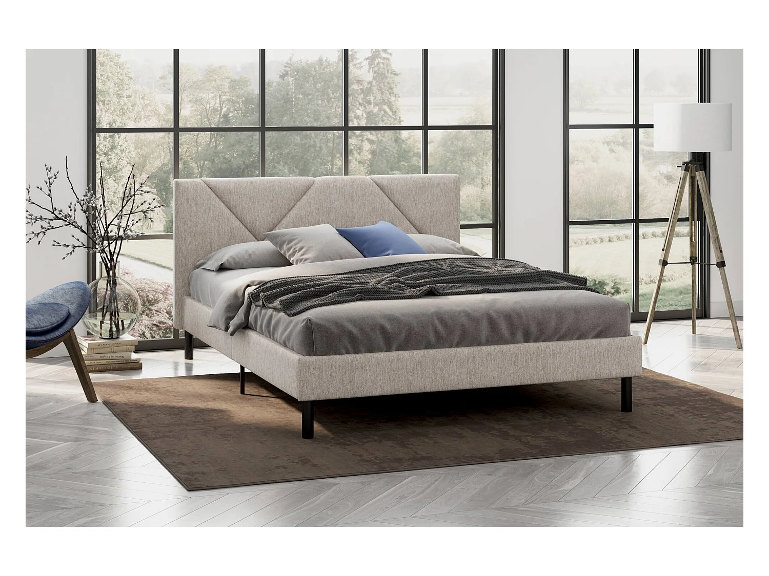 Letto matrimoniale alla francese Calitri, Letto imbottito in tessuto con testiera, Doghe in legno, adatto a materasso da 140x190, Beige