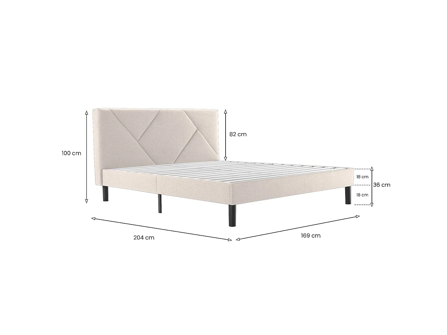 Cama de casal Caldes, Cama estofada em tecido com cabeceira, Ripas em madeira, adequada para colchão 160x190, Bege
