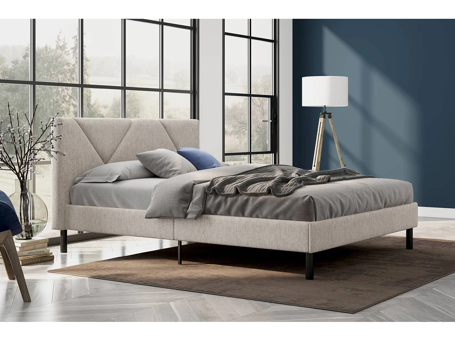Cama de casal Caldes, Cama estofada em tecido com cabeceira, Ripas em madeira, adequada para colchão 160x190, Bege