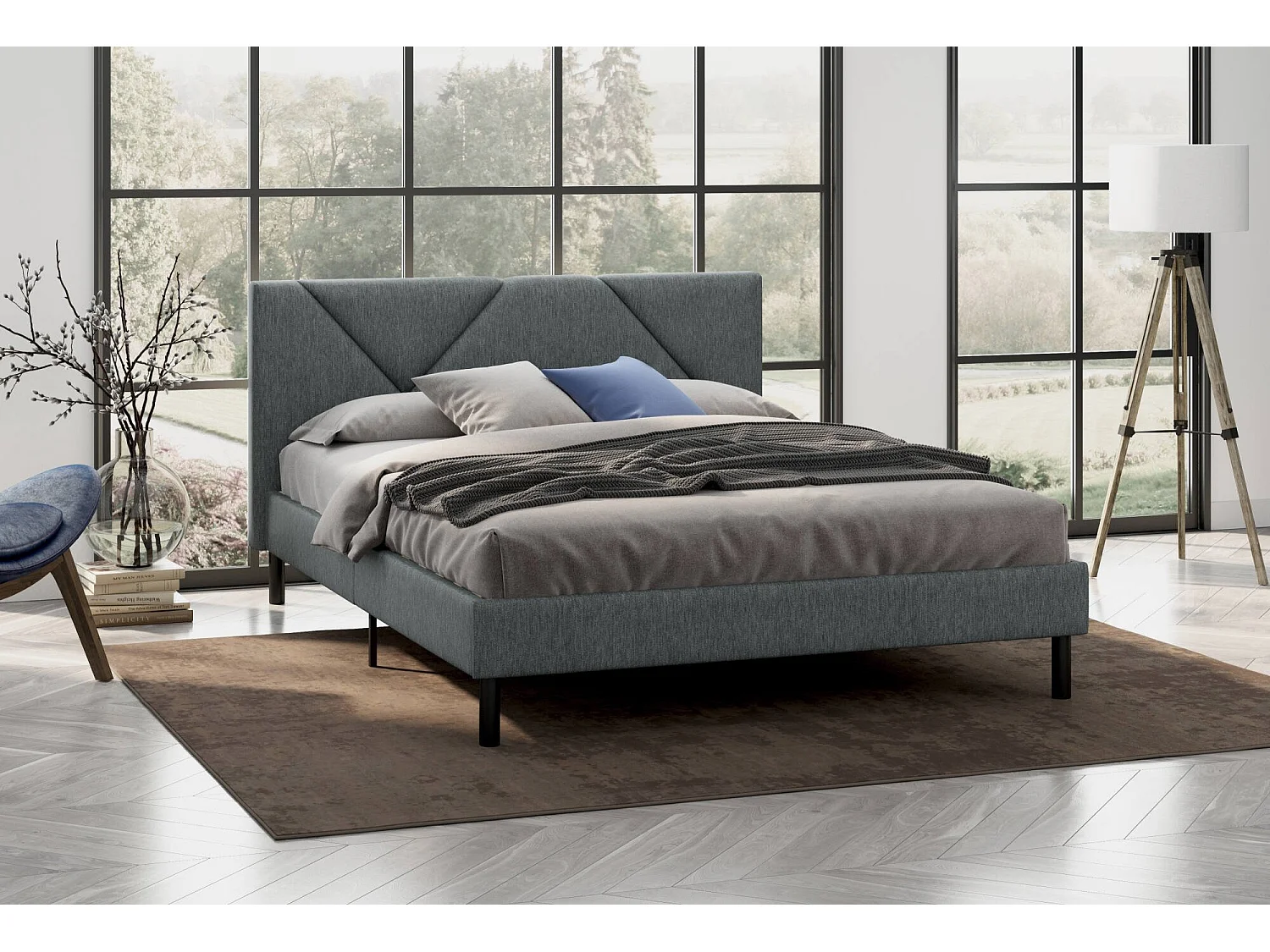 Doppelbett Zeffirio, Struktur des Lagerbetts, Sommier mit Abdeckung, Bettrahmen aus Stoff, Geeignet für eine Matratze 120x190 cm, Grau