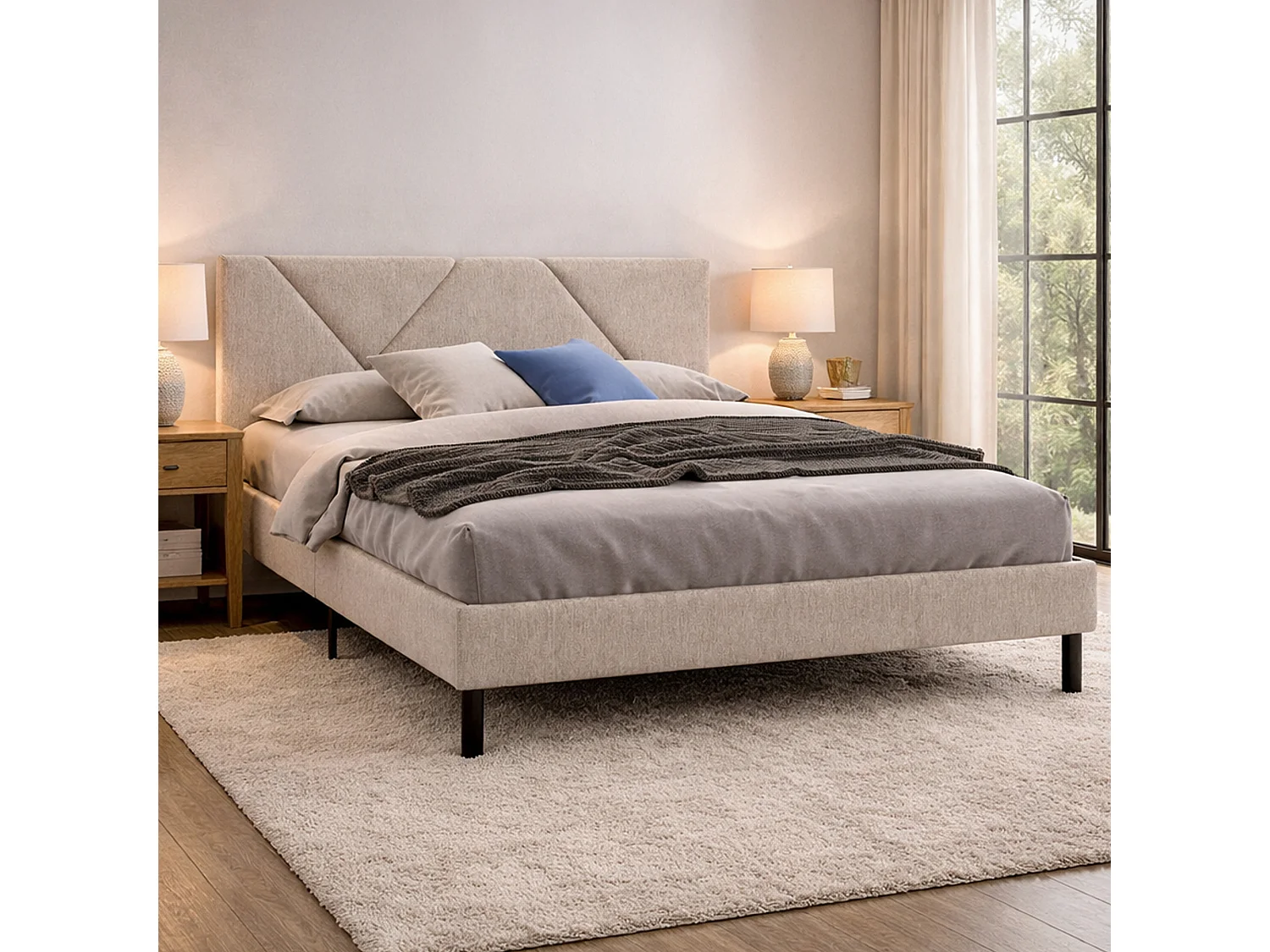 Lit double Tirino, Sommier pour chambre, Literie par chambre, Support de matelas, Adapté à un matelas de 160x200 cm, Beige