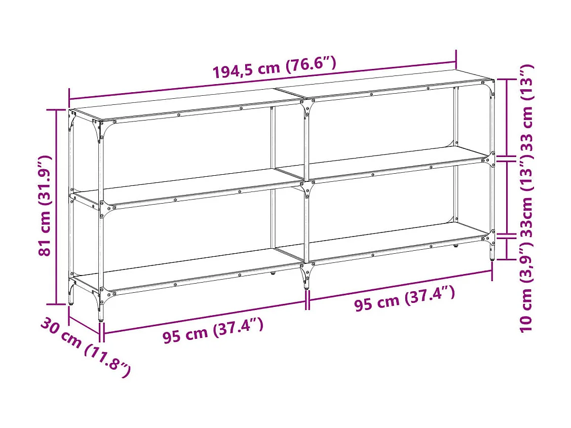 Table console avec dessus en verre transparent 194,5x30x81 cm