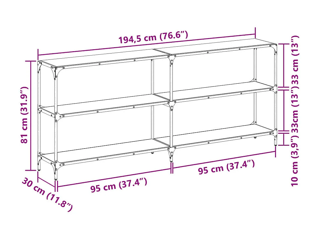 Table console avec dessus en verre transparent 194,5x30x81 cm