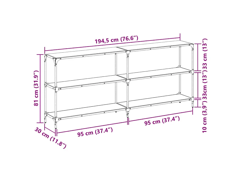 Wandtafel met transparant glazen blad 194,5x30x81 cm staal