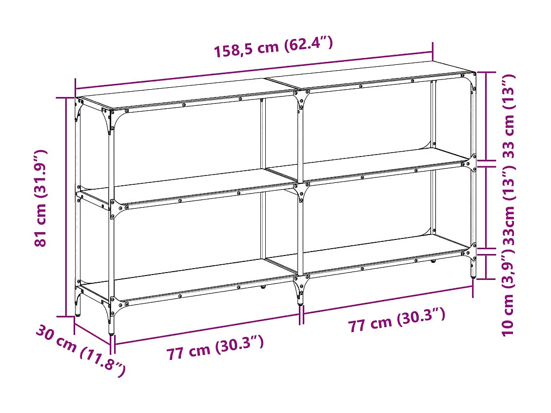 Wandtafel met transparant glazen blad 158,5x30x81 cm staal