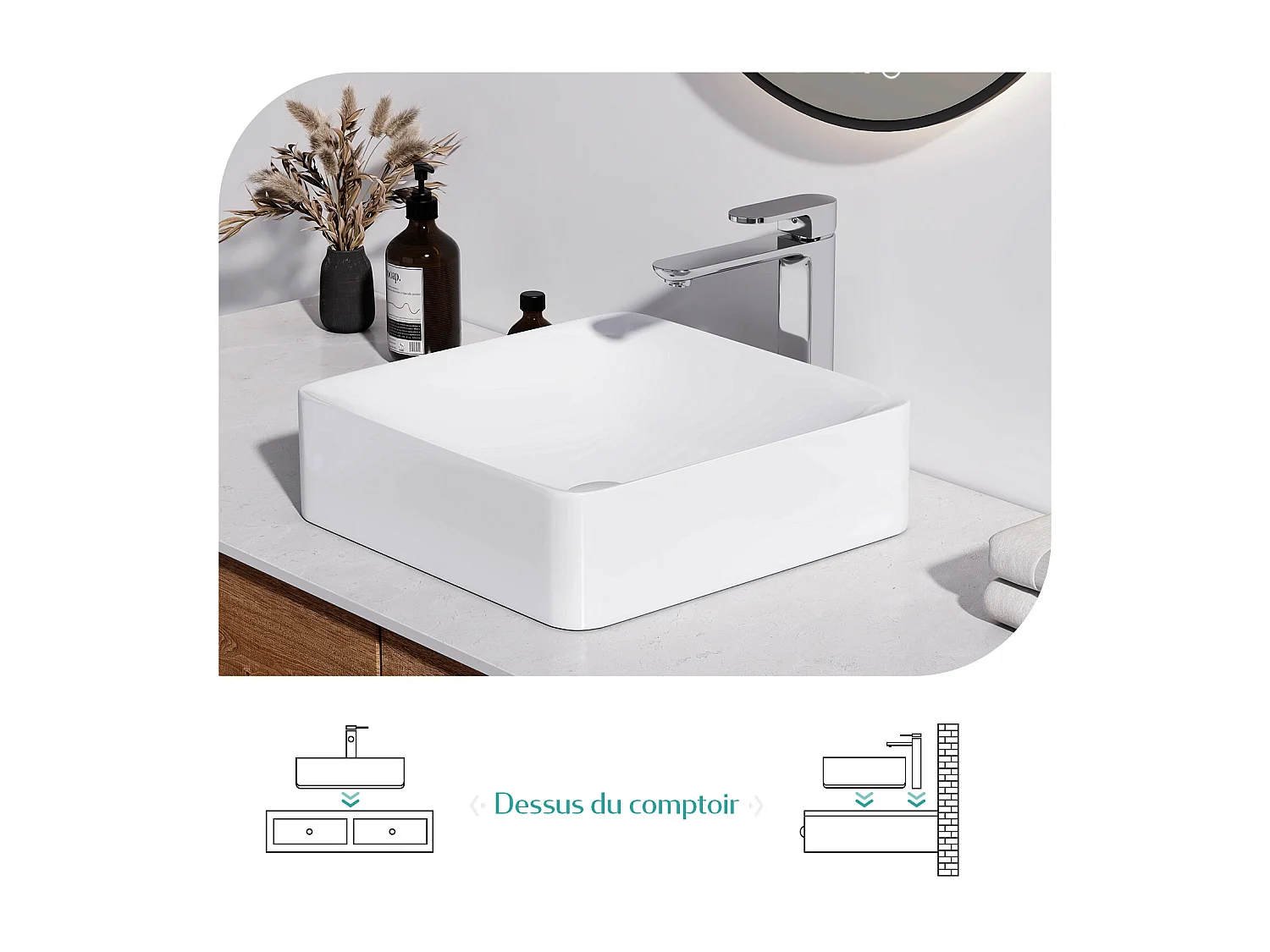 EMKE Vasque à Poser en céramique 40,5×40,5×12cm, Lavabo salle de bain carré, Lavabo à poser blanc brillant