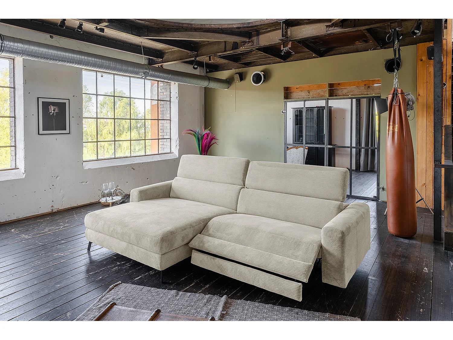 Canapé d'angle - blanc crème Velours côtelé - LAISKA