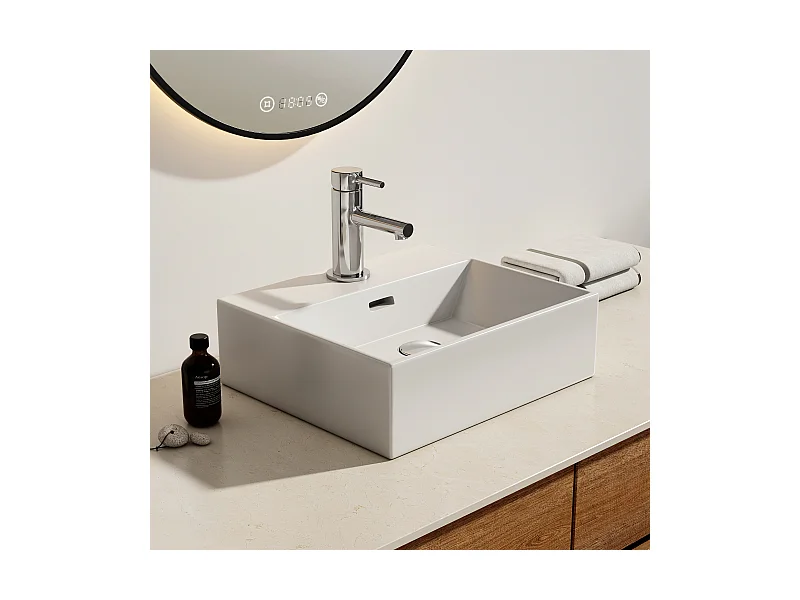 EMKE Aufsatzwaschbecken aus Keramik, 41,5×36×13 cm, Rechteckiger Waschtisch mit vorgebohrtem Wasserhahnloch, Weiß glänzend