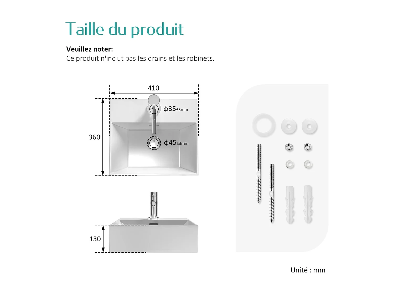 EMKE Vasque à Poser en céramique 41,5×36×13cm, Lavabo rectangulaire avec robinet trou prépercé, Lavabo à poser blanc brillant