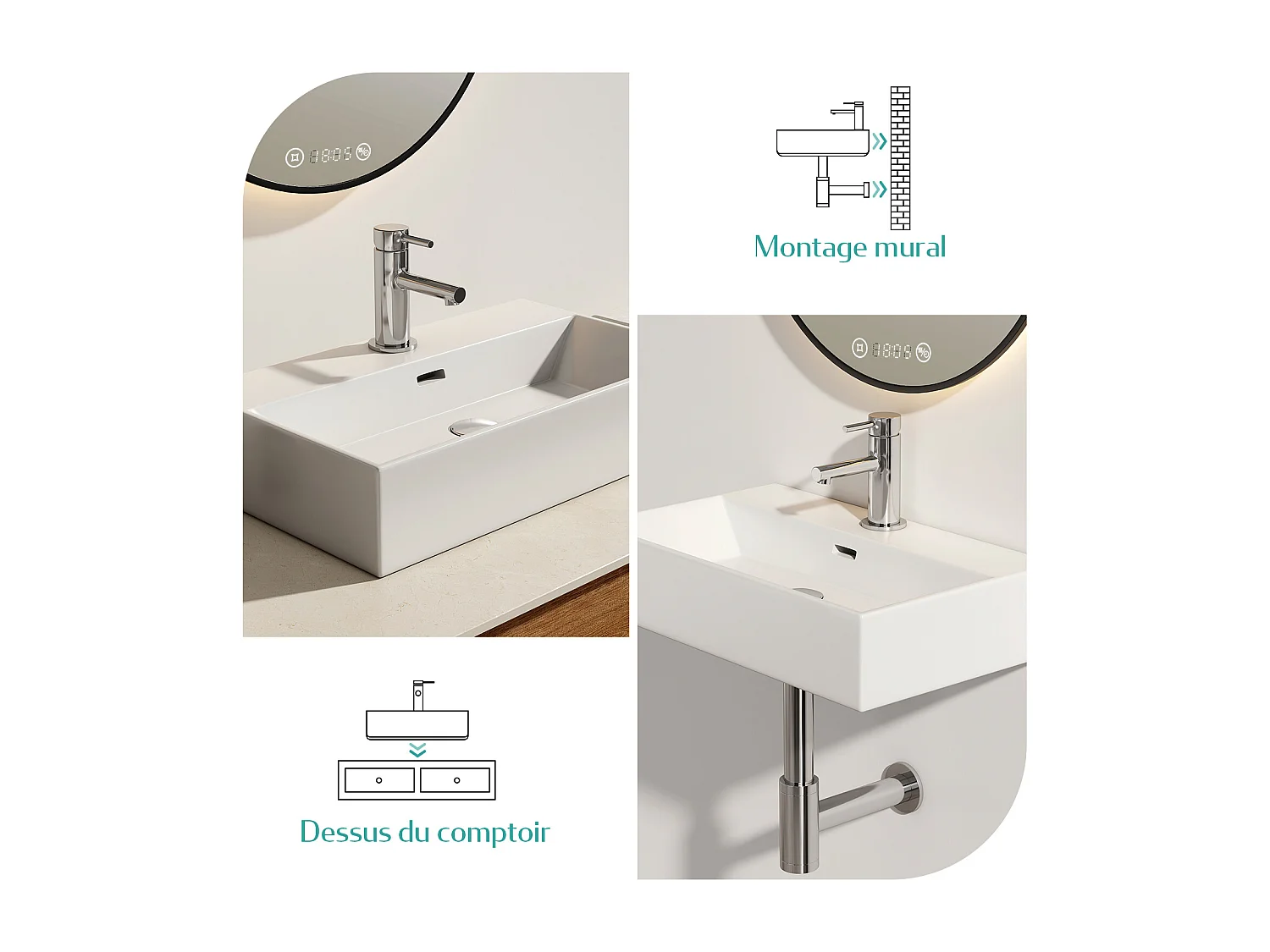 EMKE Vasque à Poser en céramique 41,5×36×13cm, Lavabo rectangulaire avec robinet trou prépercé, Lavabo à poser blanc brillant