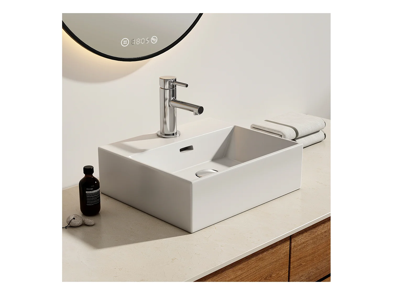 EMKE Vasque à Poser en céramique 41,5×36×13cm, Lavabo rectangulaire avec robinet trou prépercé, Lavabo à poser blanc brillant