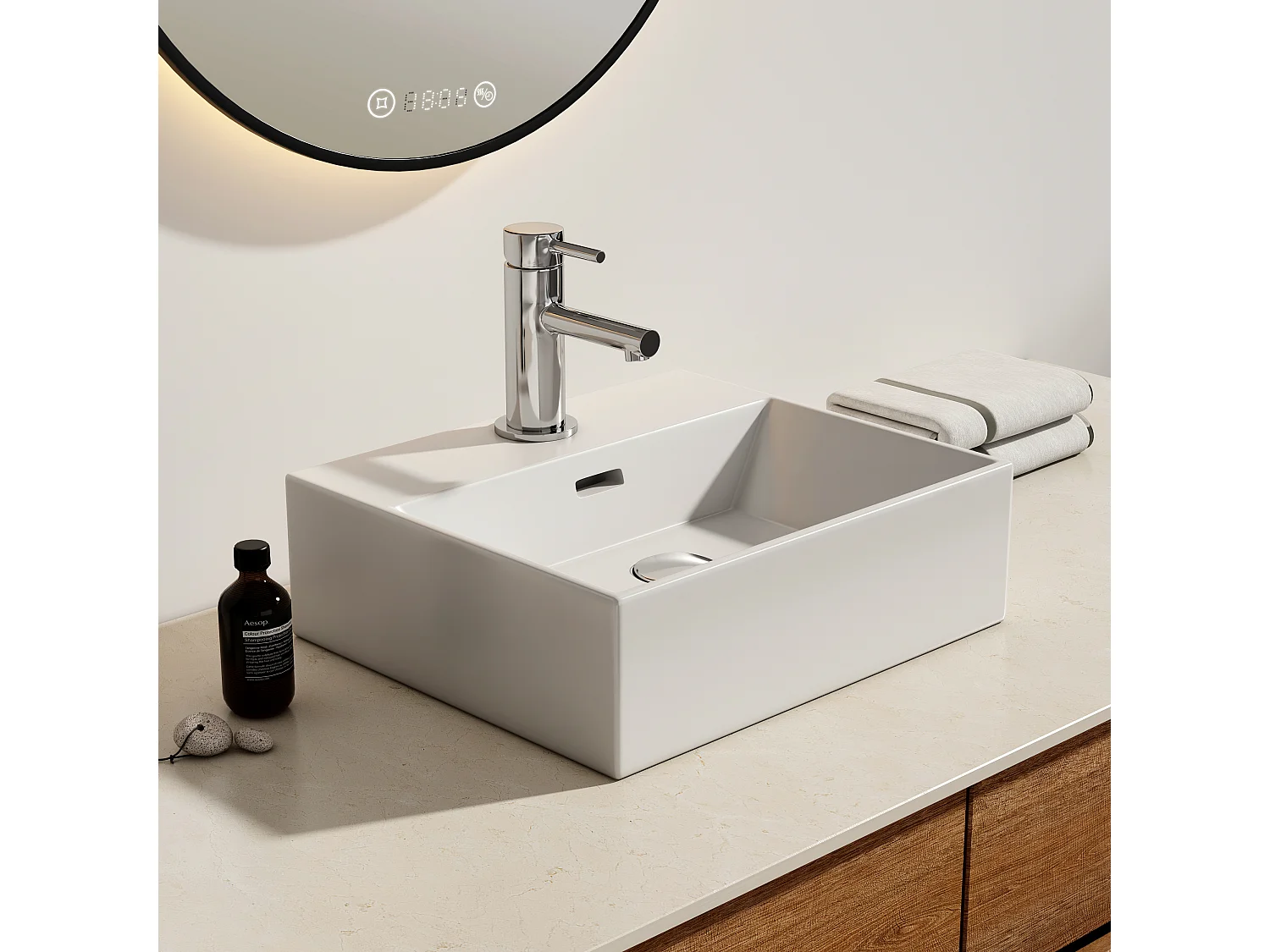 EMKE Opzetwastafel - Keramiek - Glans Wit - 41.5x36x13 cm - Badkamer Wasbak - met Overloop