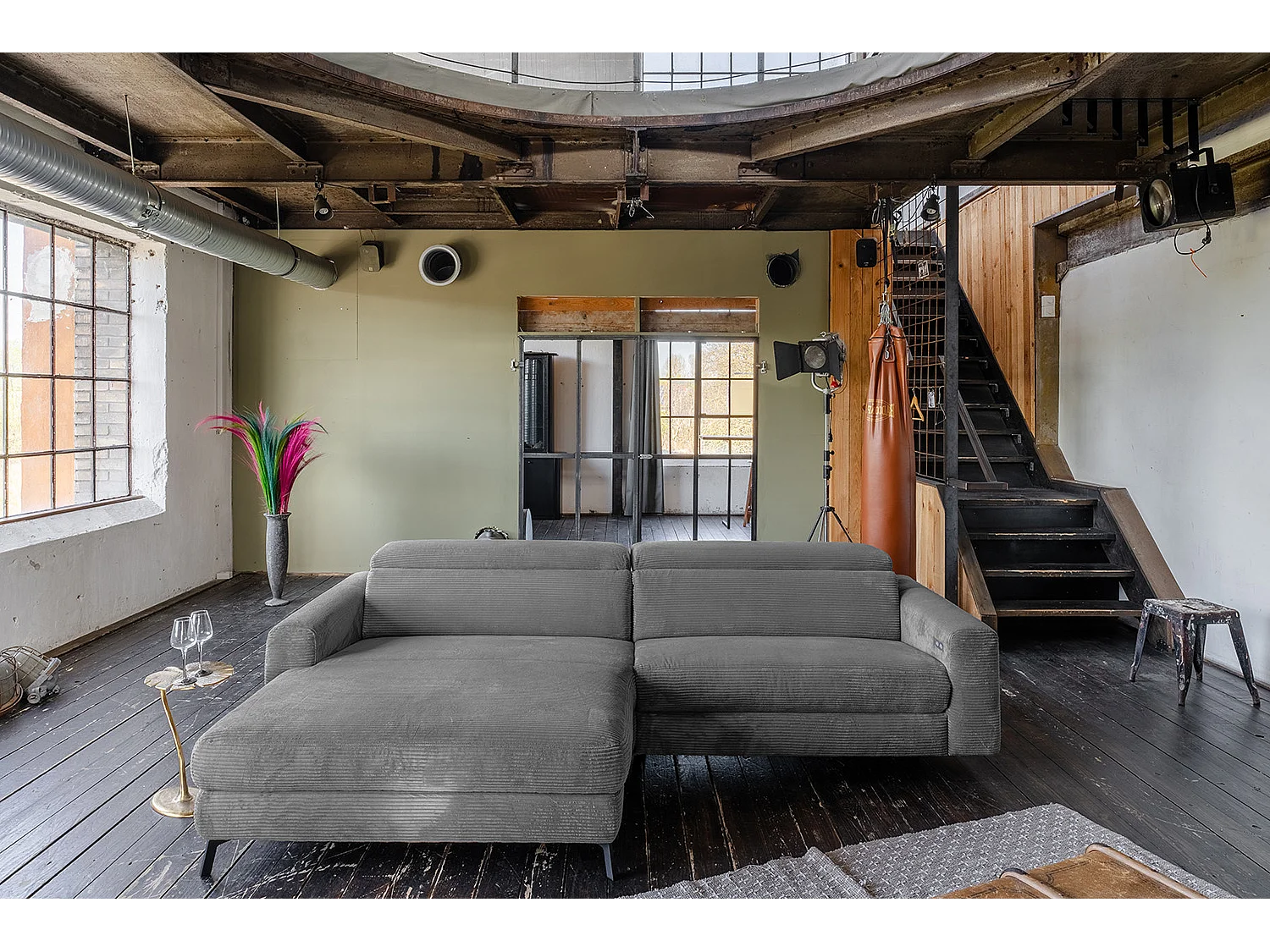 Canapé d'angle - Gris Velours côtelé - LAISKA