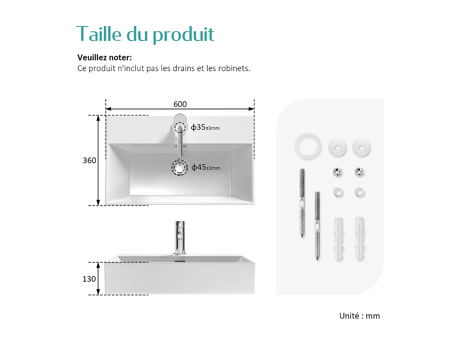 EMKE Vasque à Poser en céramique 60×36×13cm, Lavabo rectangulaire avec robinet trou prépercé, Lavabo à poser blanc brillant