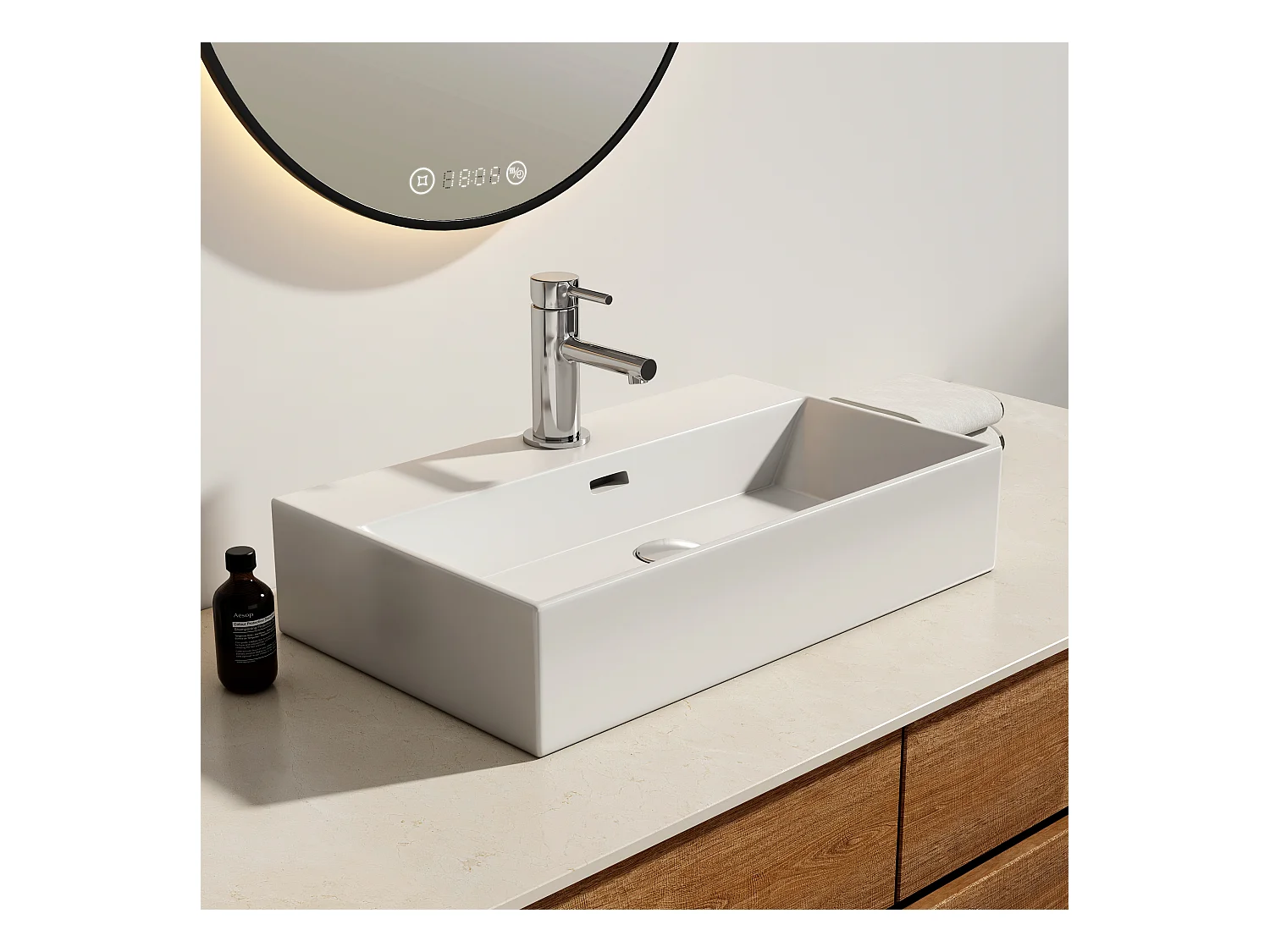 EMKE Vasque à Poser en céramique 60×36×13cm, Lavabo rectangulaire avec robinet trou prépercé, Lavabo à poser blanc brillant