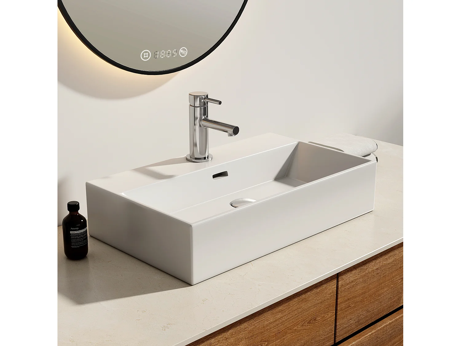 EMKE Vasque à Poser en céramique 60×36×13cm, Lavabo rectangulaire avec robinet trou prépercé, Lavabo à poser blanc brillant