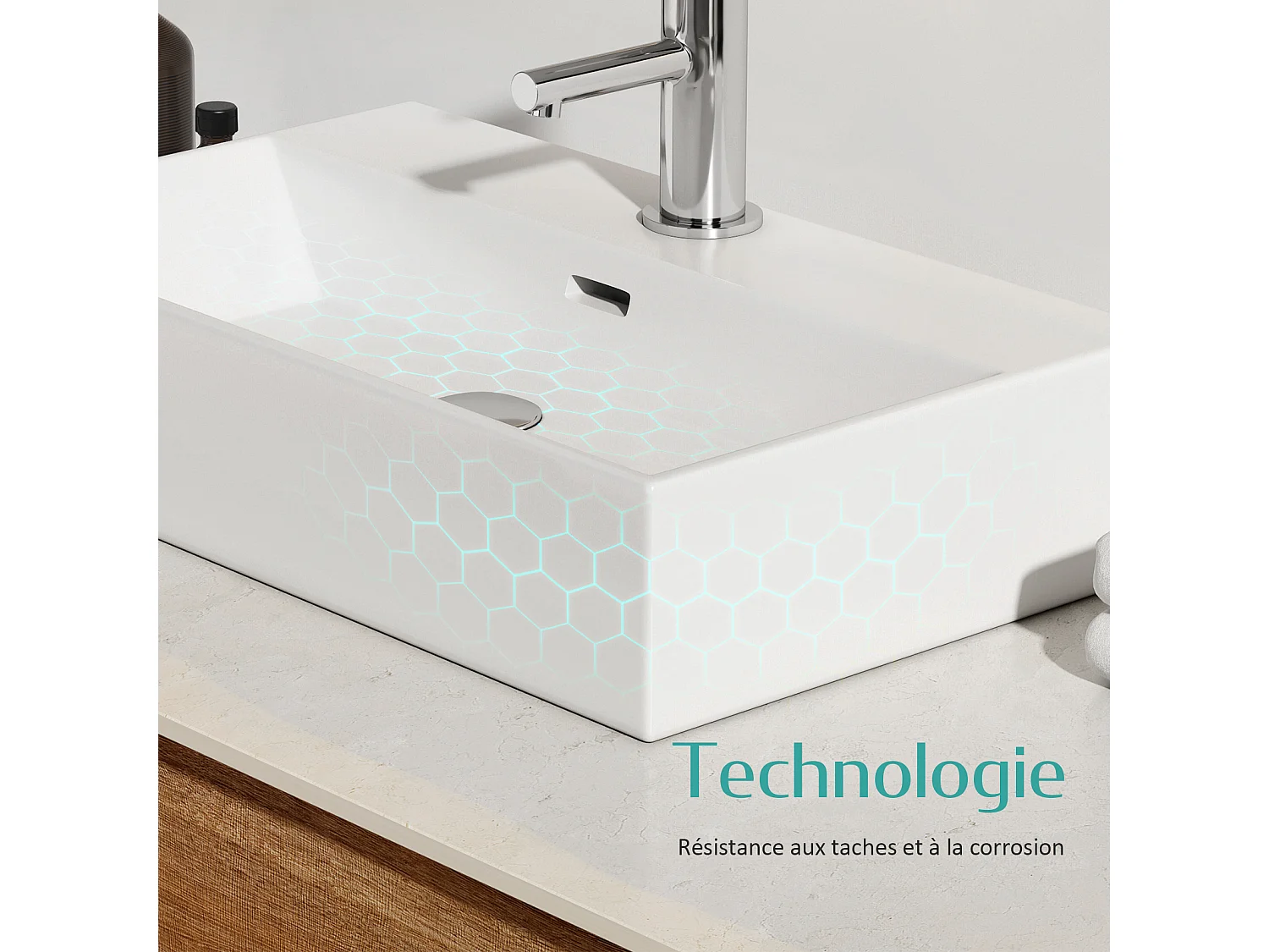 EMKE Vasque à Poser en céramique 60×36×13cm, Lavabo rectangulaire avec robinet trou prépercé, Lavabo à poser blanc brillant