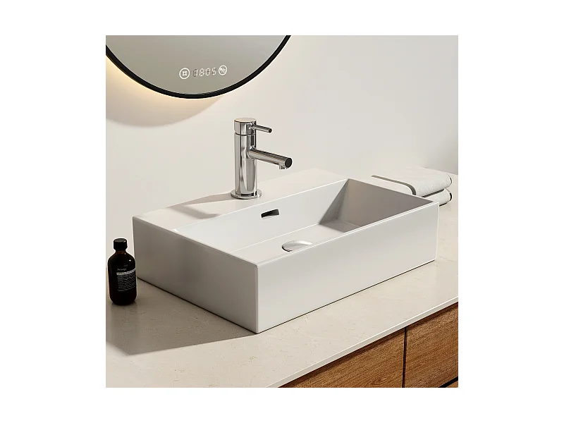 EMKE Lavabo a appoggio in ceramica 51,5×36,5×13 cm, Lavabo rettangolare con rubinetto preforato, Lavabo da bagno bianco lucido