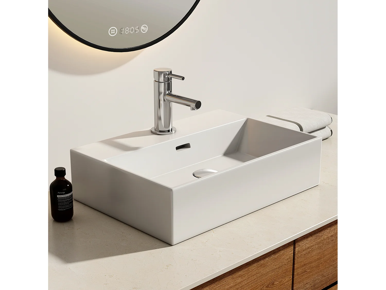 EMKE Vasque à Poser en céramique 51,5×36,5×13cm, Lavabo rectangulaire avec robinet trou prépercé, Lavabo à poser blanc brillant