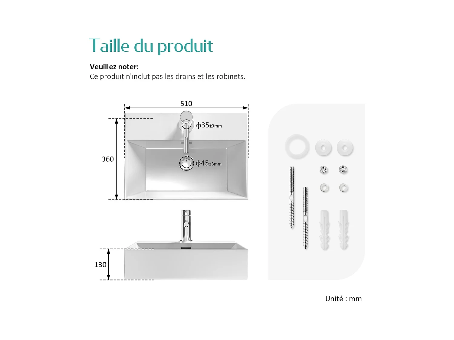 EMKE Vasque à Poser en céramique 51,5×36,5×13cm, Lavabo rectangulaire avec robinet trou prépercé, Lavabo à poser blanc brillant
