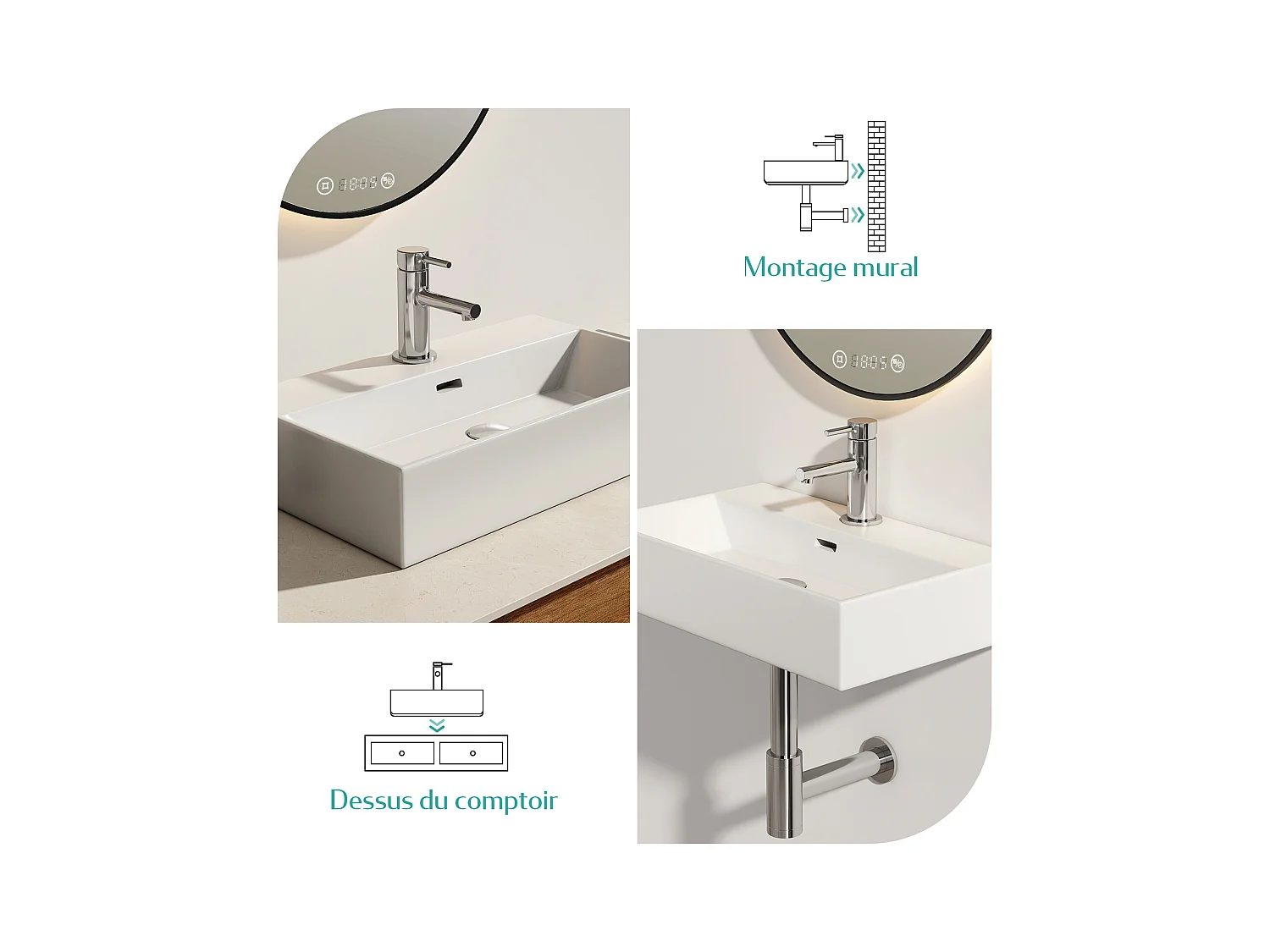 EMKE Vasque à Poser en céramique 51,5×36,5×13cm, Lavabo rectangulaire avec robinet trou prépercé, Lavabo à poser blanc brillant