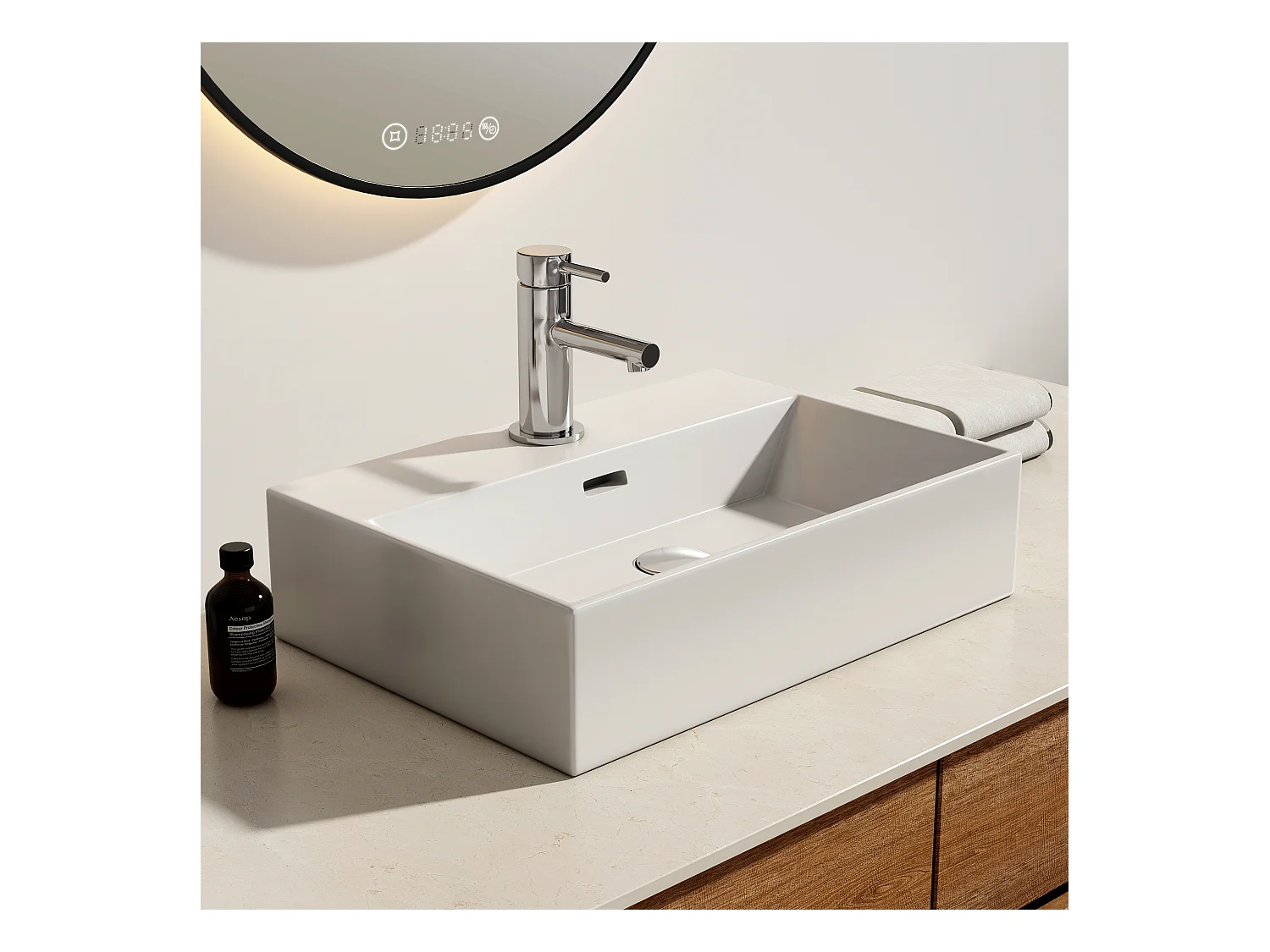 EMKE Vasque à Poser en céramique 51,5×36,5×13cm, Lavabo rectangulaire avec robinet trou prépercé, Lavabo à poser blanc brillant
