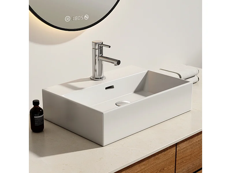 EMKE Vasque à Poser en céramique 51,5×36,5×13cm, Lavabo rectangulaire avec robinet trou prépercé, Lavabo à poser blanc brillant