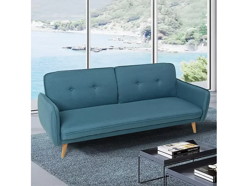 Merida Schlafsofa im Nordischen Design Schlafcouch Clic Clac 3-Sitzer aus Stoff - Blau