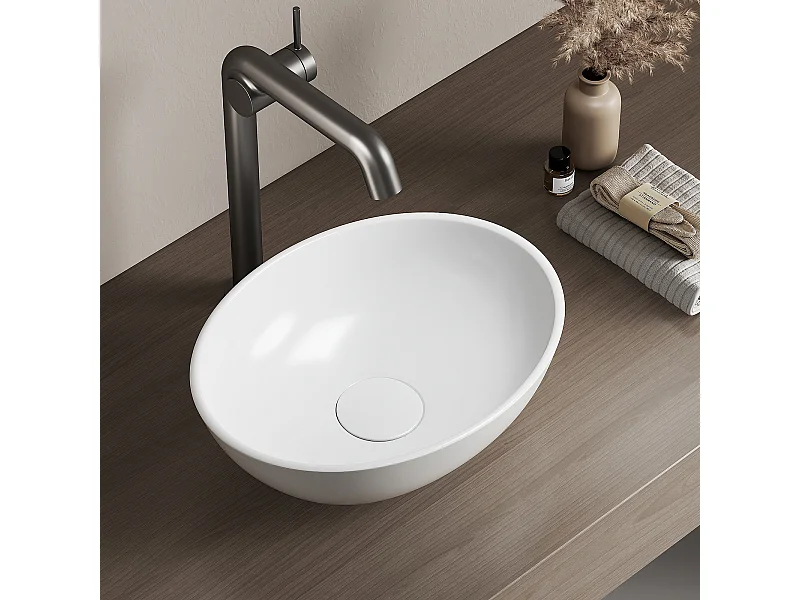 EMKE Keramik Aufsatzwaschbecken 35×27×11 cm, Ovale Badezimmer Waschbecken, Glänzend Weiß