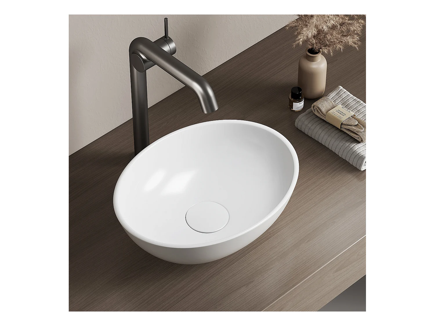 EMKE Vasque à Poser en céramique 35×27×11cm, Lavabo salle de bain Ovale, Lavabo à poser blanc brillant