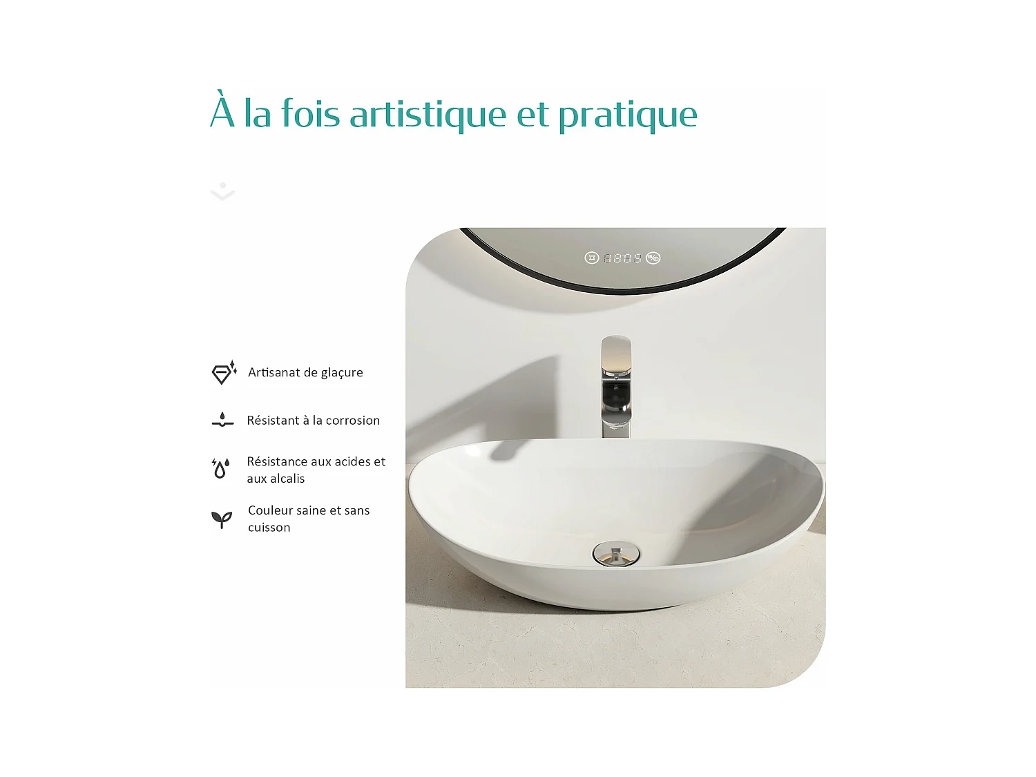 EMKE Vasque à Poser en céramique 35×27×11cm, Lavabo salle de bain Ovale, Lavabo à poser blanc brillant