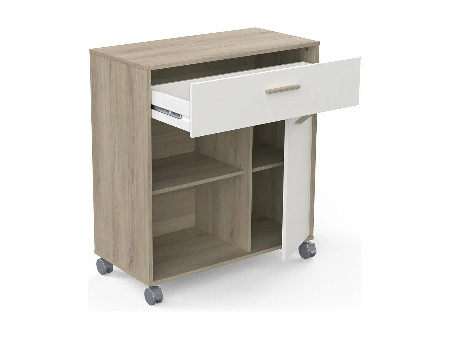 Beistelltisch mit Mikrowelle und 1 Schublade - MINT - Weiß und Eiche - 81 x 39,6 x 90,3 cm - DEMEYERE