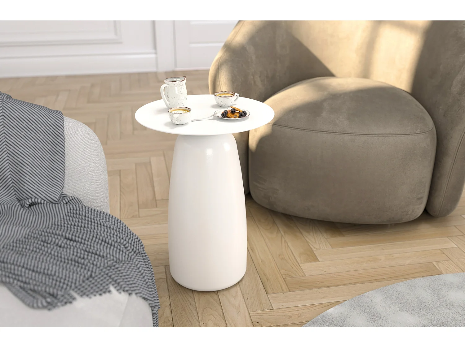 Stolik drewniany różne kolory Kayani Baobab 44, śr. 32,5 cm, biały ral