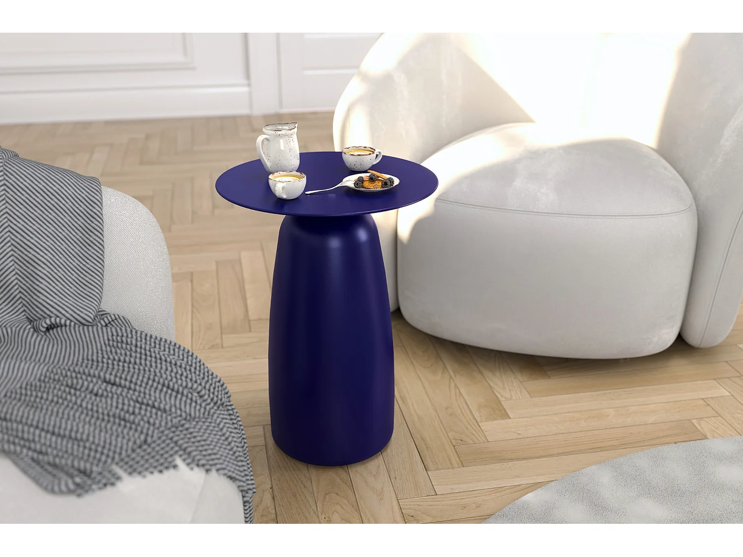 Stolik drewniany różne kolory Kayani Baobab 44, śr. 32,5 cm, granat szlachetny