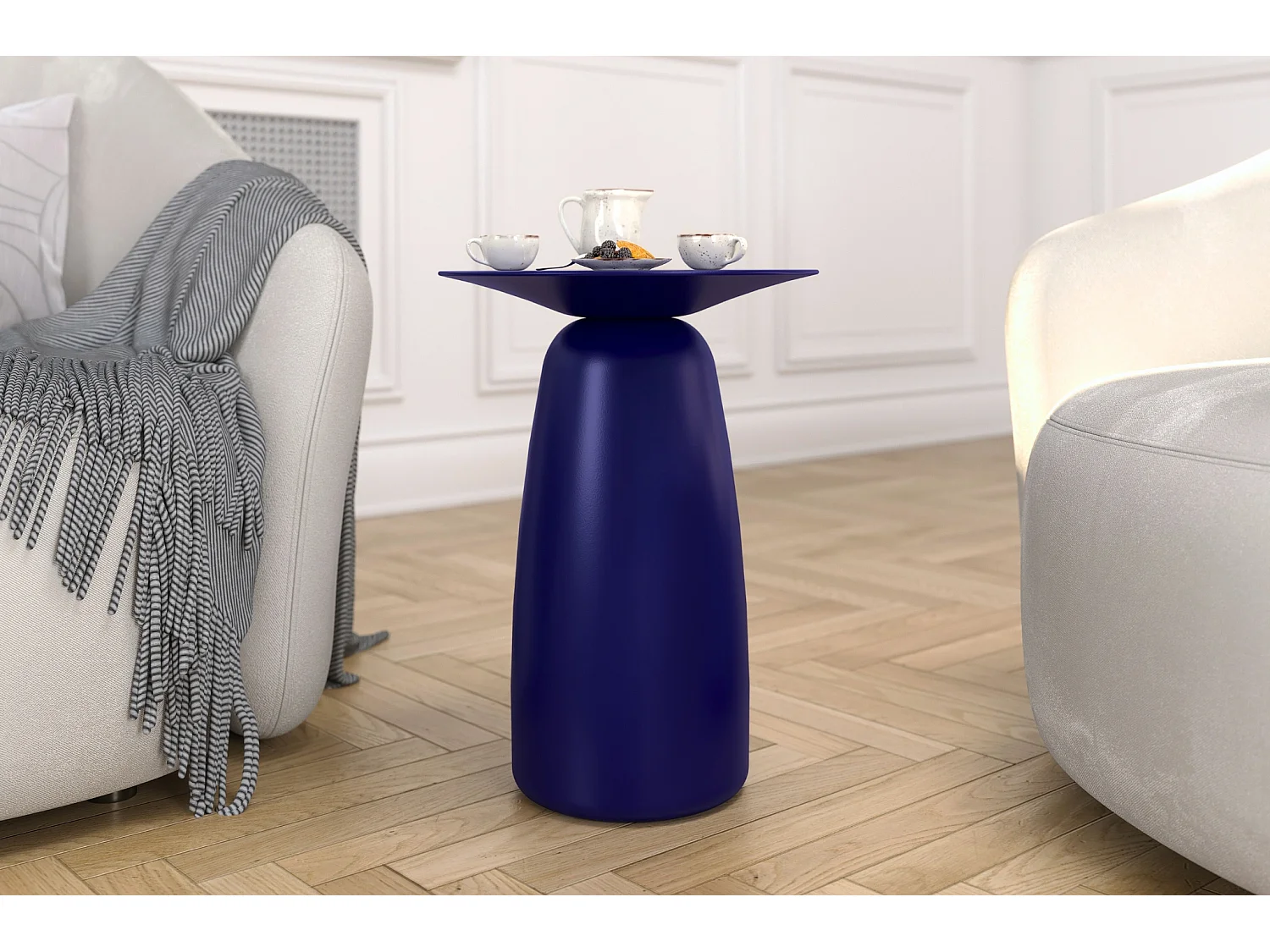 Stolik drewniany różne kolory Kayani Baobab 44, śr. 32,5 cm, granat szlachetny