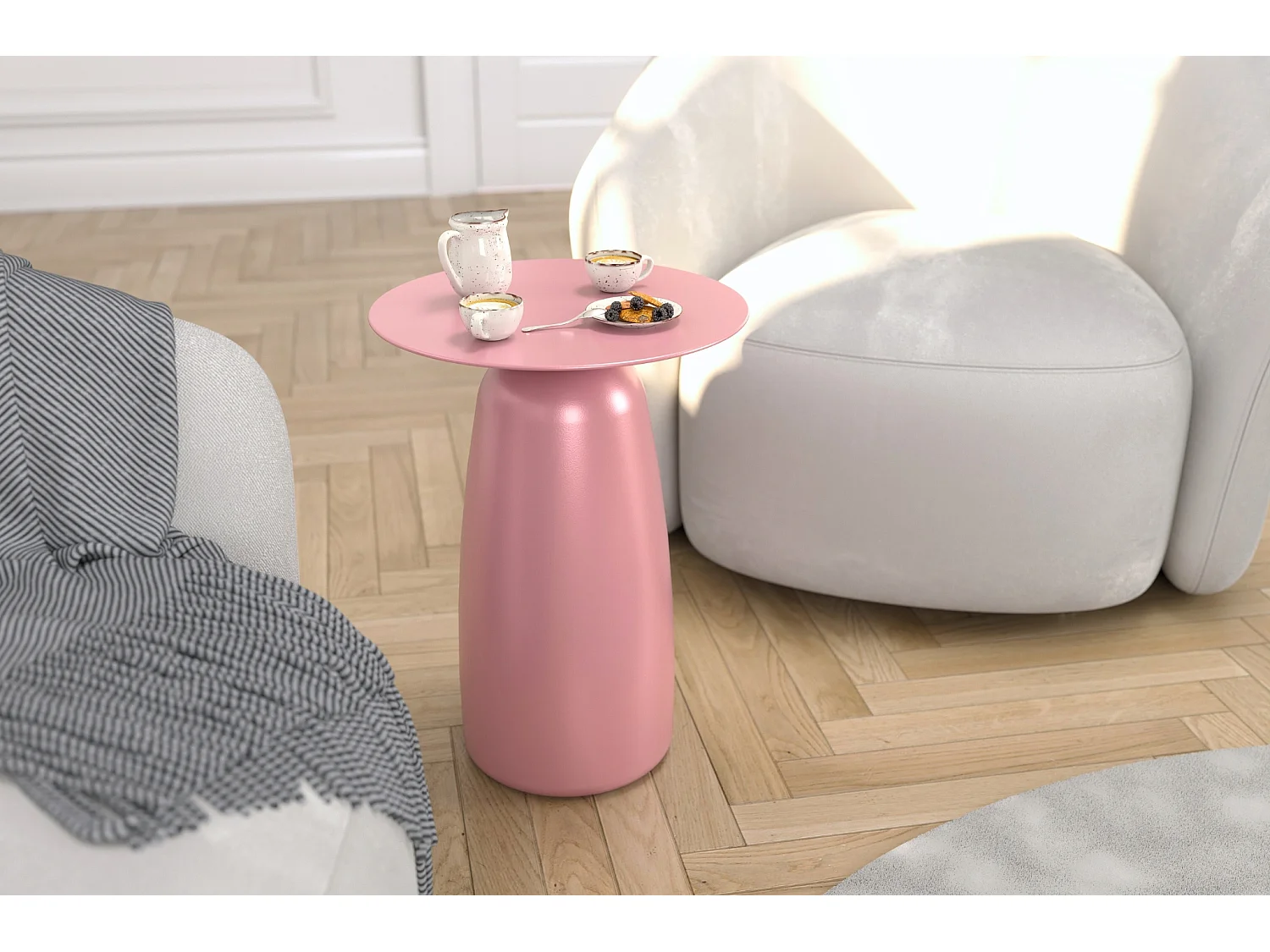 Stolik drewniany różne kolory Kayani Baobab 44, śr. 32,5 cm, pudrowy róż