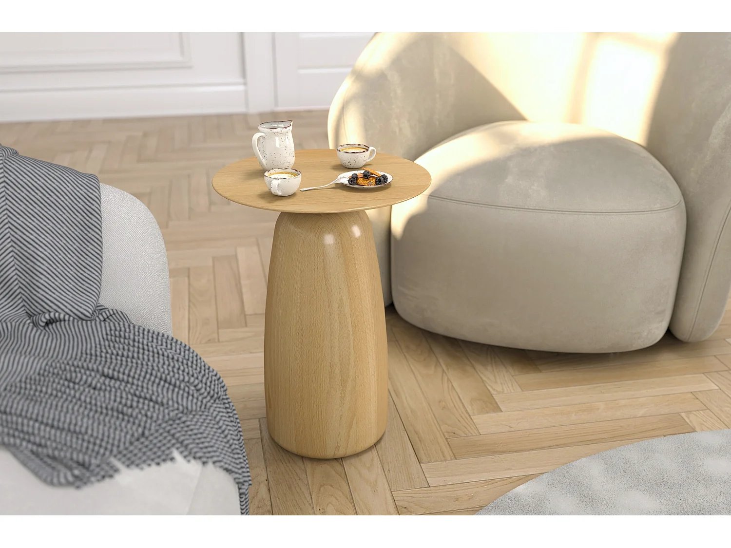 Stolik drewniany różne kolory Kayani Baobab 44, śr. 32,5 cm, lakier naturalny